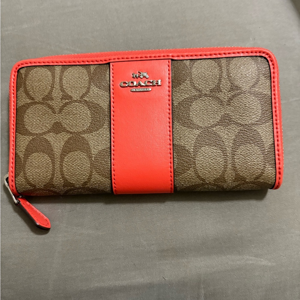 Coach Signature Brown and Red Zip Wallet